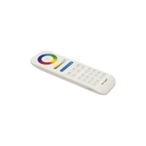 El mando RF blanco controla iluminación LED RGB+W+WW, permite gestionar hasta 8 zonas y tiene  programas predefinidos.