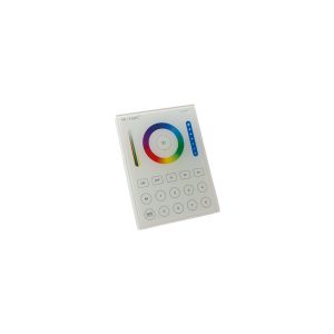 El mando superficie RF blanco controla iluminación LED RGB+W+WW, permite gestionar hasta 8 zonas y tiene  programas predefinidos.