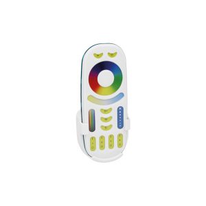 El mando RF blanco controla iluminación LED RGB+W+WW, permite gestionar hasta 4 zonas y tiene  programas predefinidos.