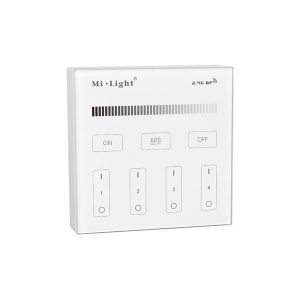 Mando RF monocanal blanco superficie con regulación 0-100% y gestión de 4 zonas, ofreciendo un control preciso, cómodo y eficiente.