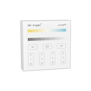 Mando RF CCT blanco superficie con regulación 0-100% y gestión de 4 zonas, ofreciendo un control preciso, cómodo y eficiente.