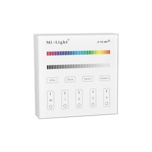 El mando superficie RF blanco controla iluminación LED RGB+W, permite gestionar hasta 4 zonas y tiene  programas predefinidos.
