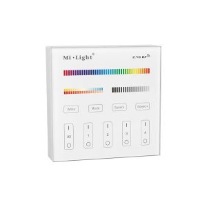 El mando superficie RF blanco controla iluminación LED RGB+W+WW, permite gestionar hasta 4 zonas y tiene  programas predefinidos.