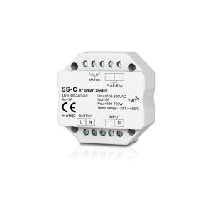 Pastilla regulador por pulsación con función ON/OFF, 1 canal de entrada/salida 230V (720W), 3A. Protección IP20, ideal para uso en interiores. Control preciso y eficiente de la iluminación.