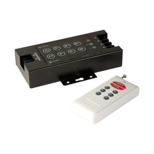 Programador RGB RF multicional 3 canales, entrada/salida 12V (3x120W),24V(3x240W), mando  incluido, IP20, 3x10 Amp.