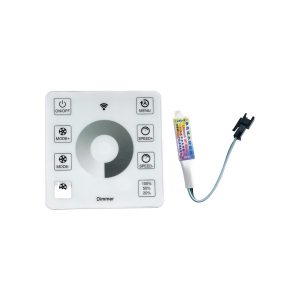 Programador supeficie para tira LED Direcciónables Magic monocanal Digital SPI 12-24V DC con Mando RF permite controlar tiras LED direccionables Magic monocolor. Ofrece efectos predefinidos, ajustes de velocidad y  intensidad. Controlado por teclado RF inalámbrico, es compatible con tiras LED de 12V a 24V, usando tecnología SPI para un control preciso y eficiente de los LEDs.