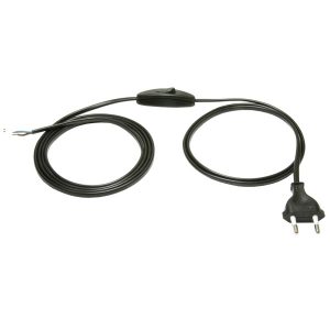 Clavija inyectada sin toma de tierra 2x0.75mm, CON INTERRUPTOR manguera plana NEGRA 3 metros