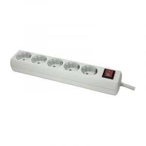 Base con toma de tierra, 5 salidas, con 1,5 m. cable 3x1,5mm 16 Amp. blanca, con interruptor rojo